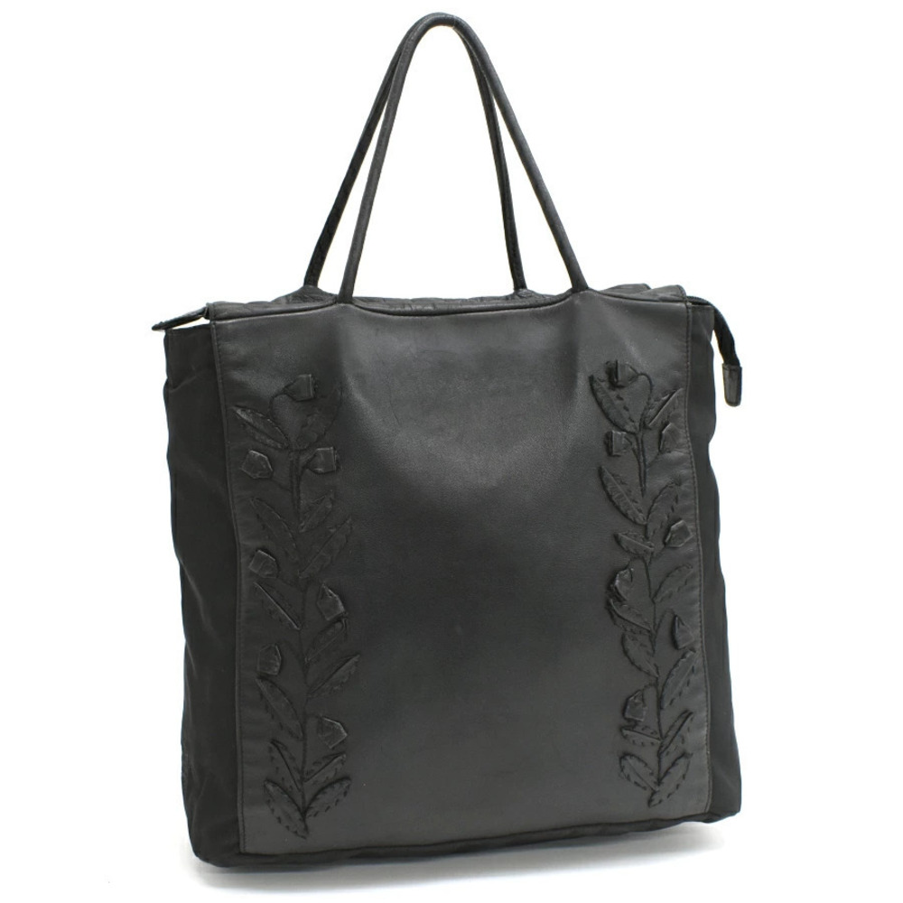 Prada Tote Bag Flower Motif Patch Leather Black